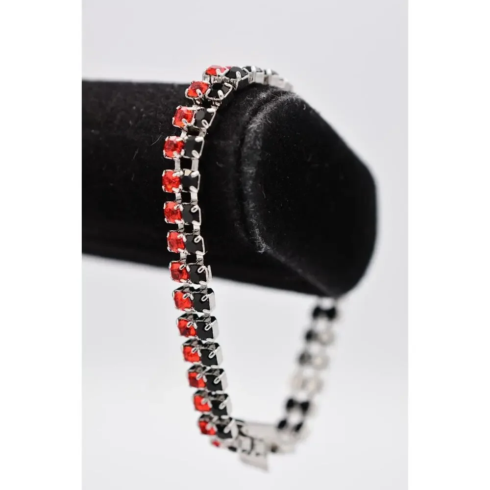 Vintage Crystal Bracelet Prong Rhinestone Orange Black Silver Tone 1980s Bin6